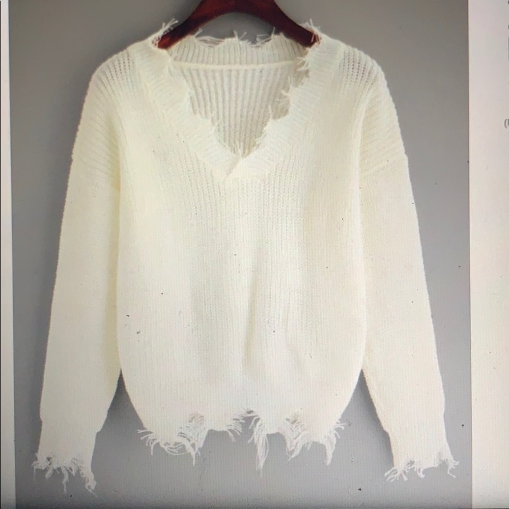 Drop Shoulder Frayed Hem Sweater - SHEIN